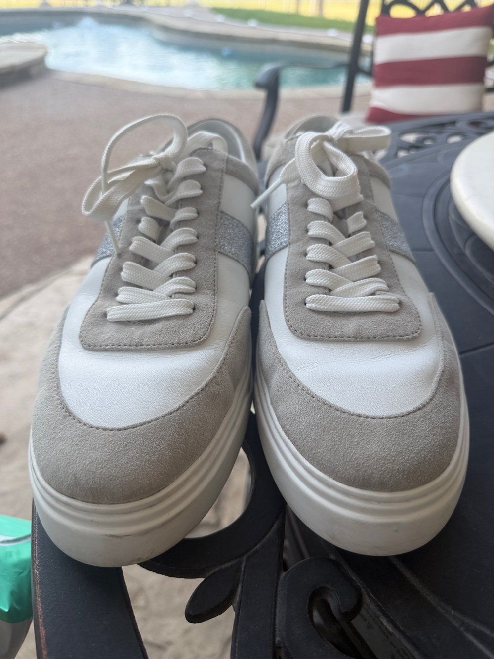 Stuart Weitzman White, Light Gray & Silver Platform Sneakers